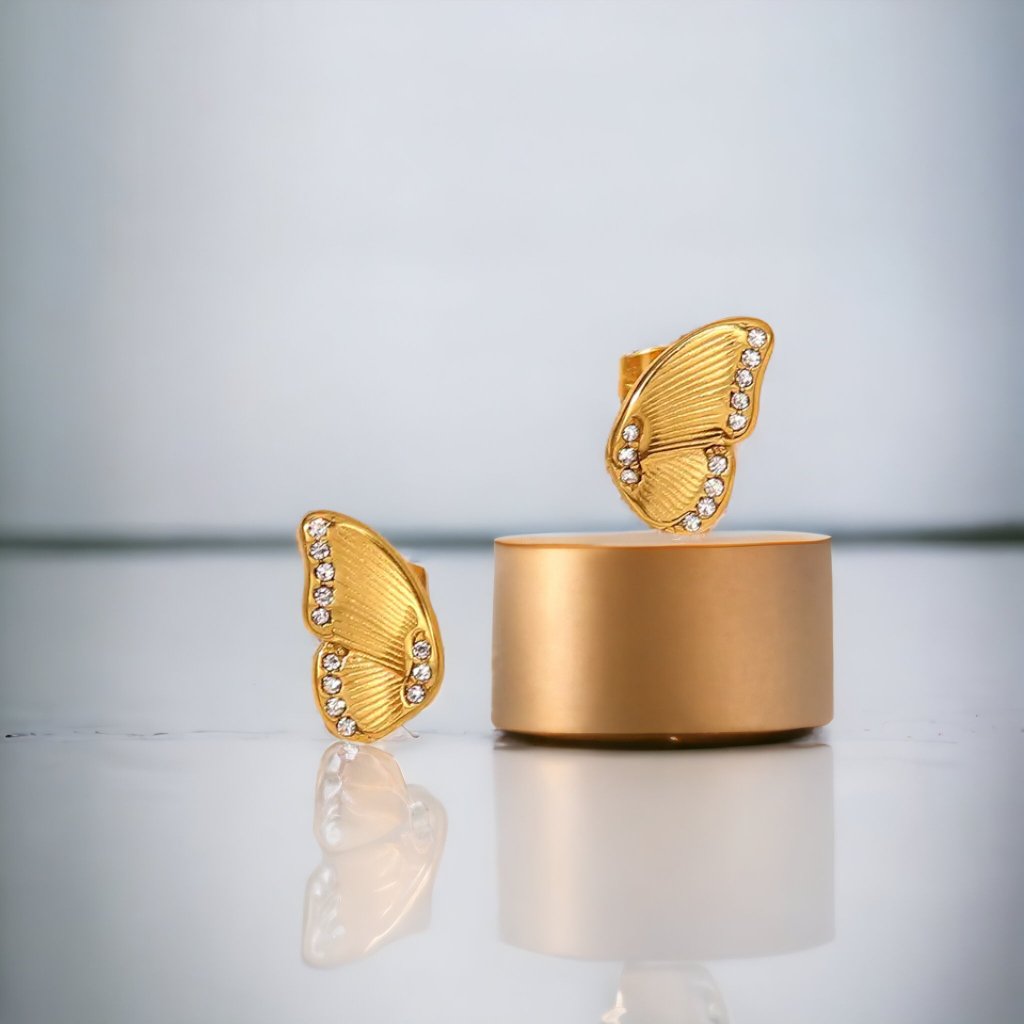 Butterfly Stud Earrings - 18K Gold Plated Butterfly Wing Stainless Steel Clear Zircon - Jewelry - EM Accessories - new - Stainless Steel - SSTEEL-0026-EAR