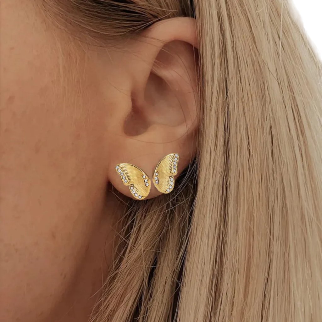 Butterfly Stud Earrings - 18K Gold Plated Butterfly Wing Stainless Steel Clear Zircon - Jewelry - EM Accessories - new - Stainless Steel - SSTEEL-0026-EAR