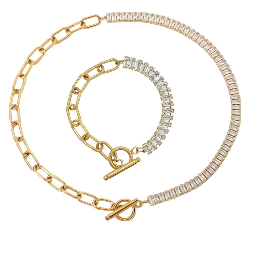 Gold Plated Stainless Steel Jewelry Half Chain Link Half Cubic Zircon Necklace Bracelet Set - Jewelry - Yiwu J & D - new - Stainless Steel - SSTEEL-0058-GOL-SET