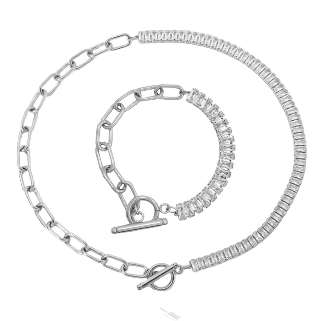 Gold Plated Stainless Steel Jewelry Half Chain Link Half Cubic Zircon Necklace Bracelet Set - Jewelry - Yiwu J & D - new - Stainless Steel - SSTEEL-0058-SIL-SET