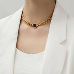 Stainless Steel Necklace, 18k gold plated, Figaro Chain, black stone - Jewelry - EM Accessories - new - Stainless Steel -
