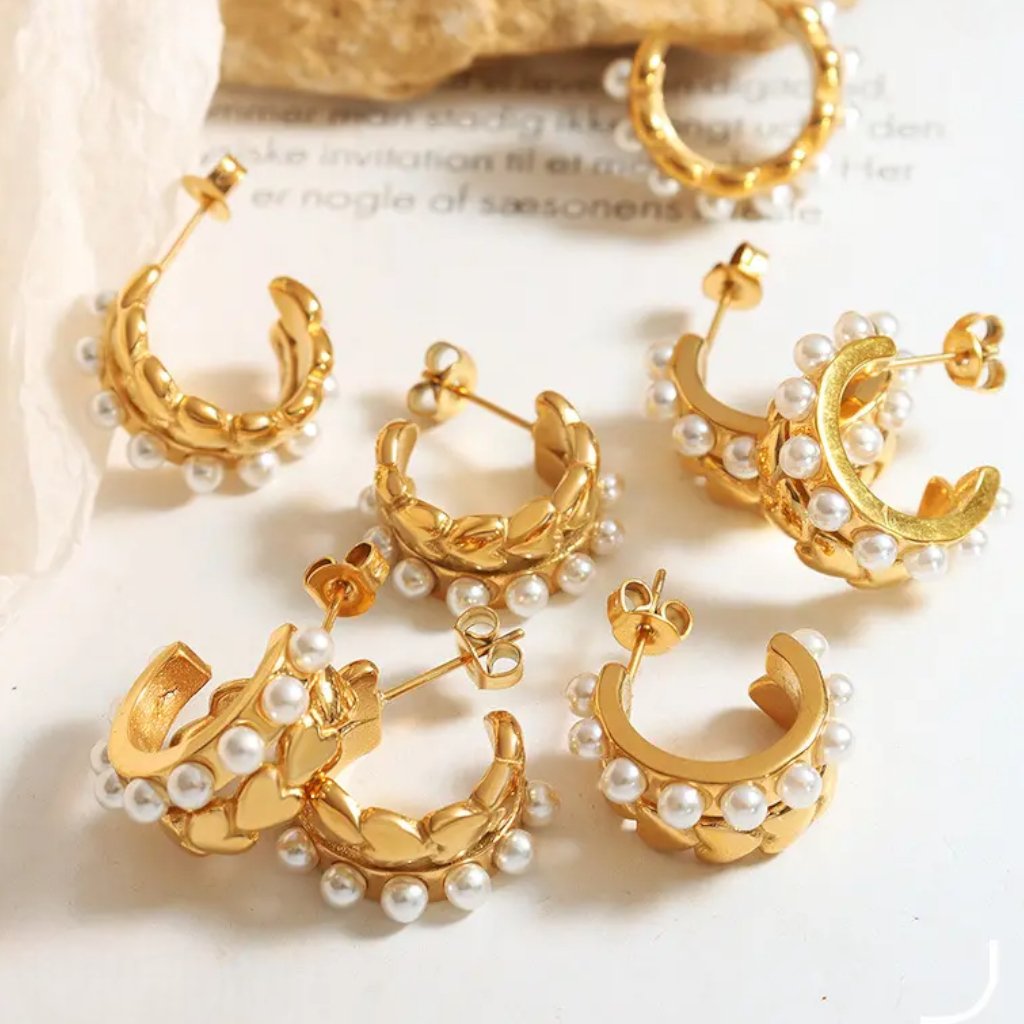 Women's J-Hoops Earrings Hearts With Pearls - Jewelry - EM Accessories - new - Stainless Steel - SSTEEL-0028-GOL-EAR