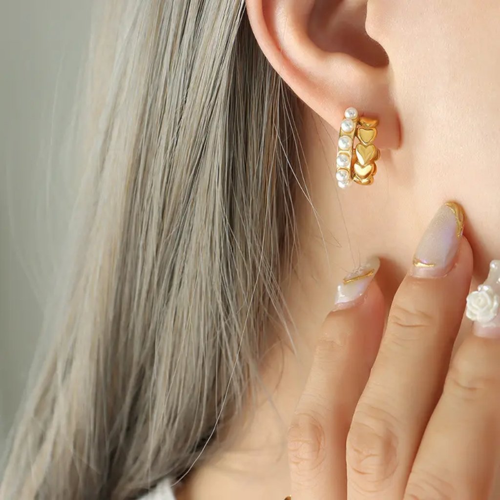 Women's J-Hoops Earrings Hearts With Pearls - Jewelry - EM Accessories - new - Stainless Steel - SSTEEL-0028-GOL-EAR