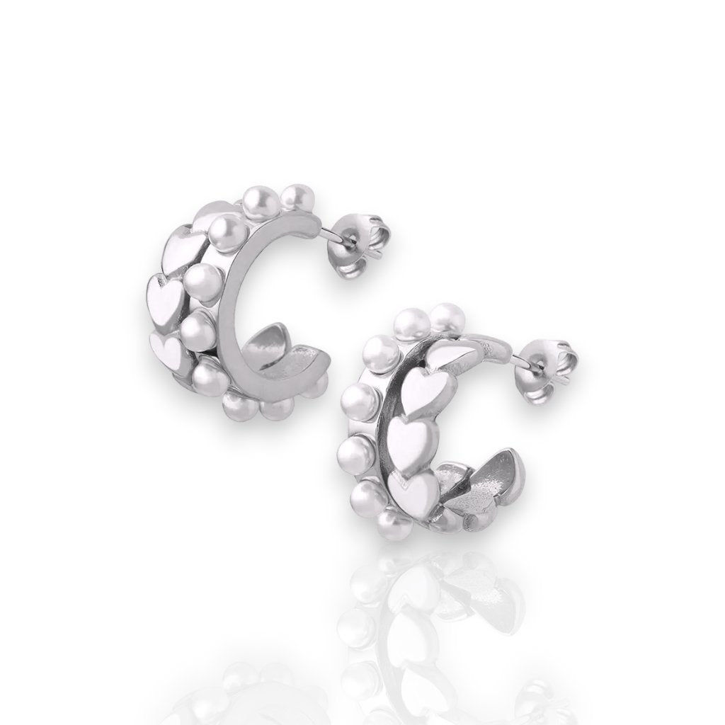 Women's J-Hoops Earrings Hearts With Pearls - Jewelry - EM Accessories - new - Stainless Steel - SSTEEL-0028-SIL-EAR